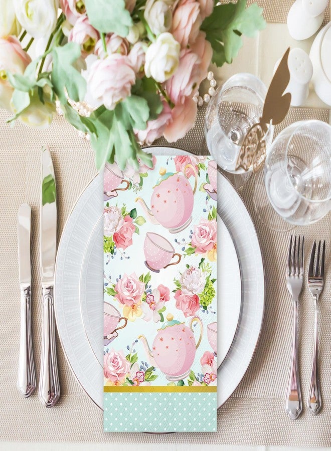 Whaline 100Pcs Floral Tea Party Napkins Teacups Guest Napkins Disposable Disposable Hand Napkin Towel for Spring Mother's Day Tea Part Bathroom Baby Shower Table Decor Supplies - Image 5